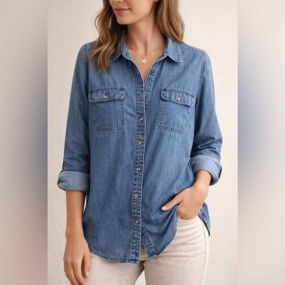 Indigo Chambray Button Down Shirt 100% Cotton Lightweight Denim Top Size M